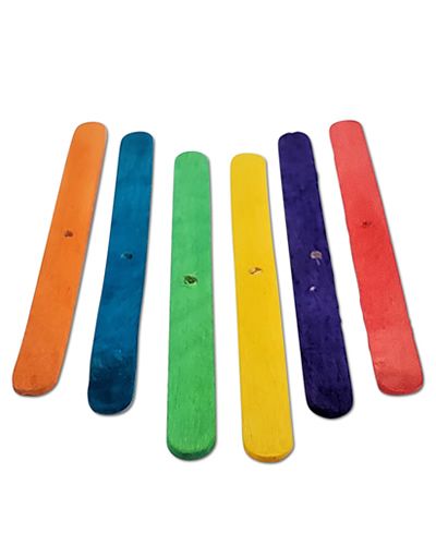 Vibrant colored wooden popsicle sticks, 4-1/2 inches long, in a pack of 25, perfect for crafting or bird toys.
