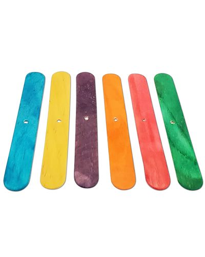 Vibrant colored wooden popsicle sticks, 6 inches long, perfect for crafting bird toys, stacked neatly in a set of 20.