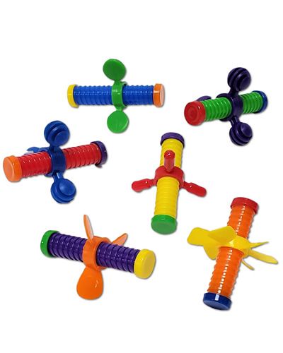 Colorful wing nuts toy for birds, featuring playful spinners on a threaded plastic tube, perfect for interactive fun.