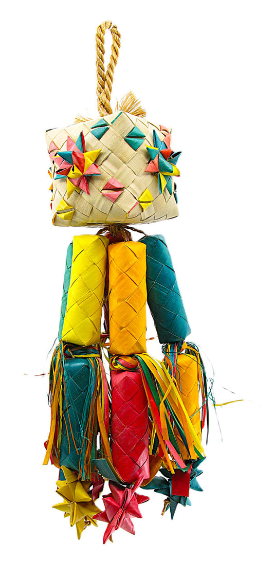 Vibrant Med Firecracker-Planet Pleasures bird toy with a woven square top, dangling stuffed strands, and chewable rolls.