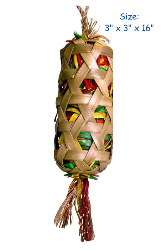 Large foraging cylinder designed for birds, featuring a durable, transparent tube with holes for treats and toys.