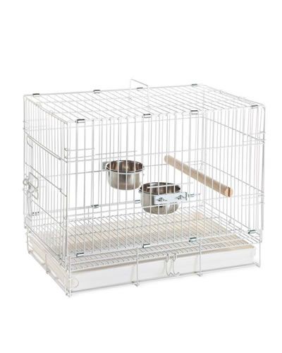 Lightweight 19-inch collapsible bird carrier in white, perfect for medium to large parrots, with a perch and feeder bowls.