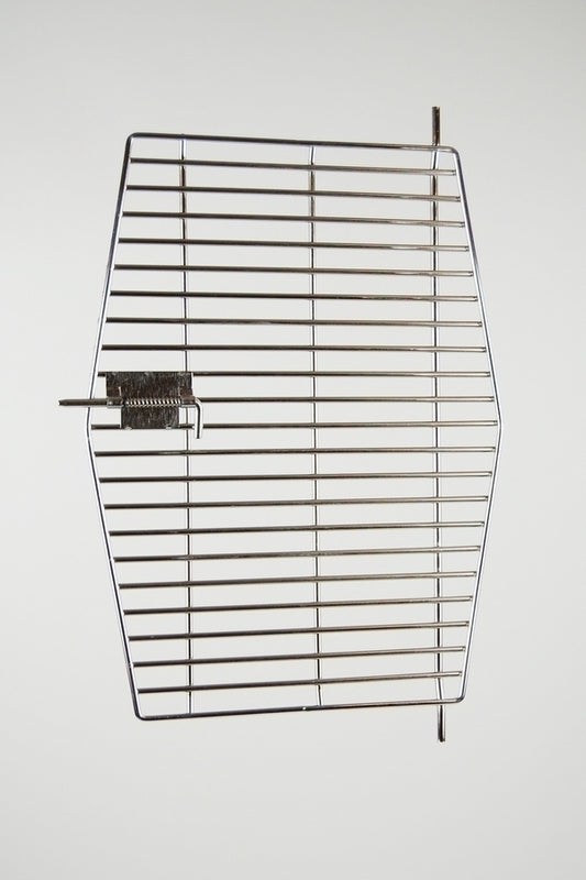 Shiny stainless steel Wingabago small door for bird carriers, featuring a sturdy frame for ventilation and interaction.
