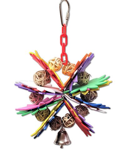 Colorful foam flowers and small vine balls strung on a stainless steel wire, finished with a shiny nickel-plated bell.