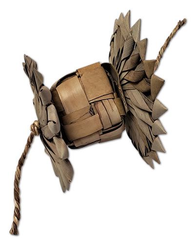 Vibrant Happy Beaks Large Palm Foot Toy with a chewable palm cube, colorful palm flowers, and natural seagrass twists.