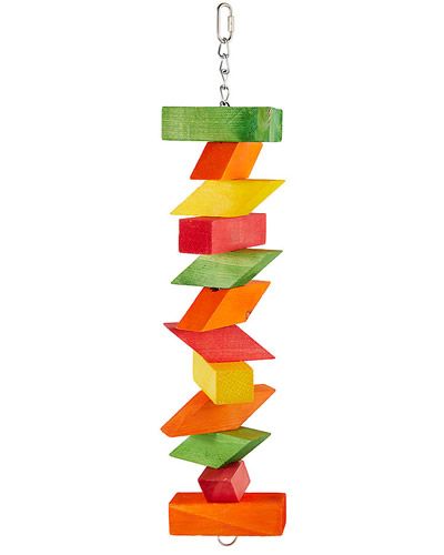 Vibrant Happy Beaks Block Craze Bird Toy with colorful wooden blocks of various sizes strung on a sturdy metal chain.