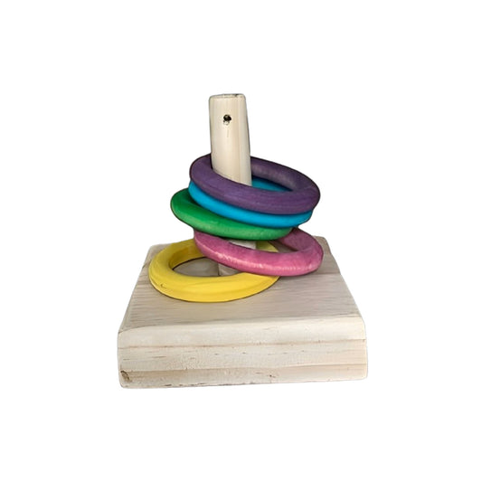 Vibrant Beak Toss Bonanza Bird Toy with colorful rings and a sturdy dowel, designed for engaging puzzle play for birds.