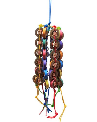Vibrant bird toy with colorful wood beads, poly rope, birdie bagels, and a central bell, perfect for medium to large birds.