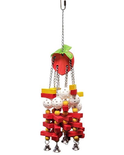 Vibrant red strawberry-shaped bird toy with chewable wood blocks and balls, hanging at 21 inches long for playful beaks.