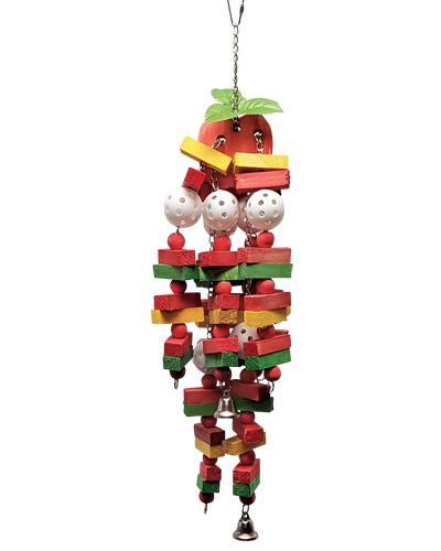 Vibrant large apple bird toy with chewable wooden blocks and balls, hanging at 20 inches long for medium to large birds.