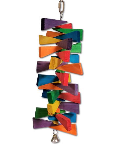 Vibrant wooden bird toy with colorful triangle blocks hanging on wire, perfect for medium to large birds to spin and play.