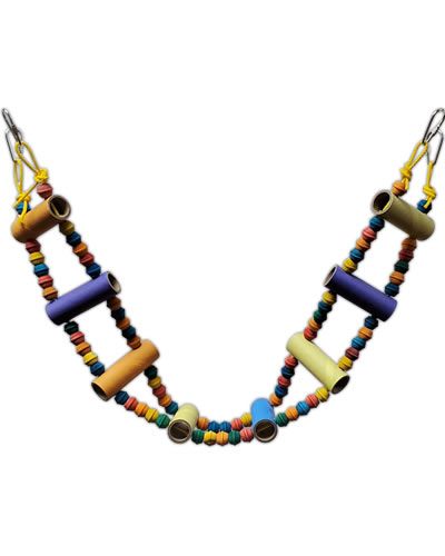 Vibrant red tomato-shaped bird toy with chewable wood blocks and balls, dangling playfully for medium to large birds.