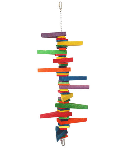 Vibrant Happy Beaks wooden blocks and wedges bird toy with colorful pine pieces on a sturdy chain for playful chewing.