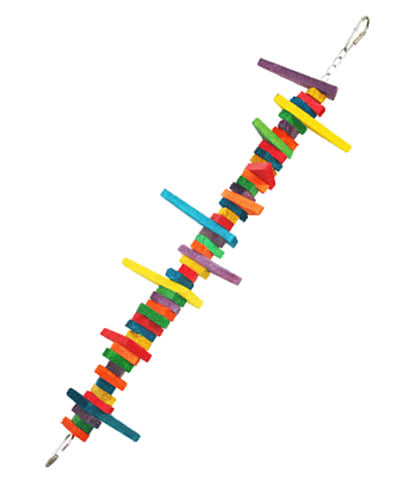 Colorful pine wood blocks and wedges strung on a sturdy chain, forming a fun, chewable bird toy for medium to large birds.