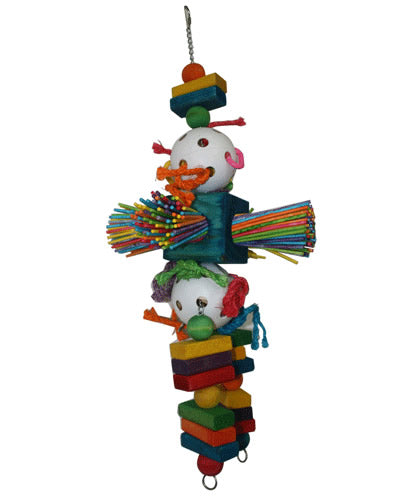 Vibrant Happy Beaks Parrot's Delight Large bird toy with colorful wood pieces, paper sticks, and plastic balls for engaging play.