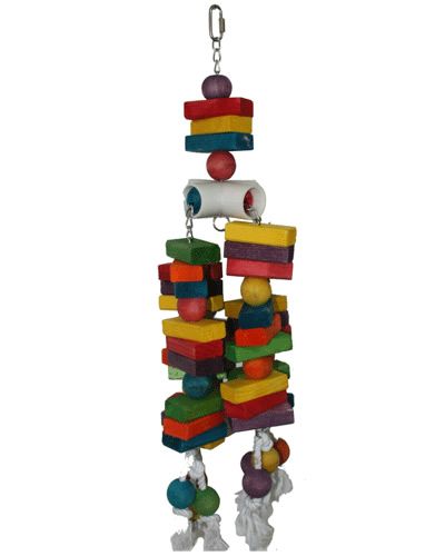 Vibrant wooden bird toy with colorful blocks, balls, and cotton rope strands, perfect for large birds to chew and play.