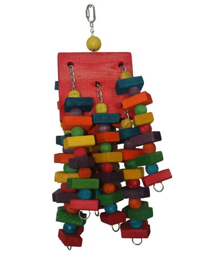 Vibrant Happy Beaks bird toy with colorful wood chunks and beads on a durable chain, perfect for large birds to chew.