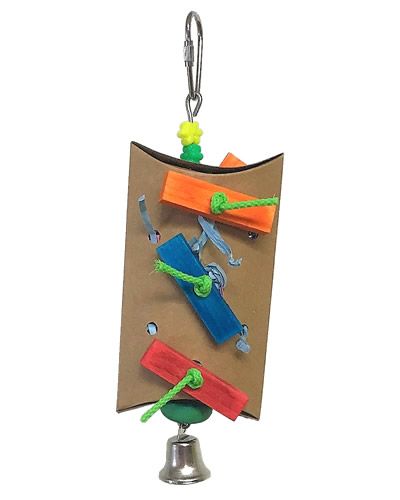 Vibrant Happy Beaks Pocket O' Fun bird toy with a cardboard box, crinkle paper, colorful wooden blocks, and poly rope.