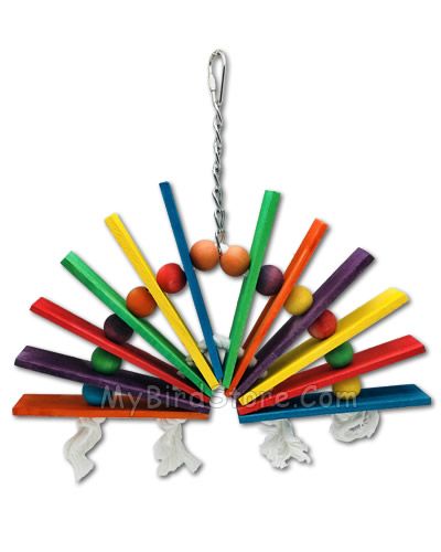 Vibrant Happy Beaks Over The Rainbow Bird Toy with colorful wood slats and beads, perfect for medium-sized birds to play.