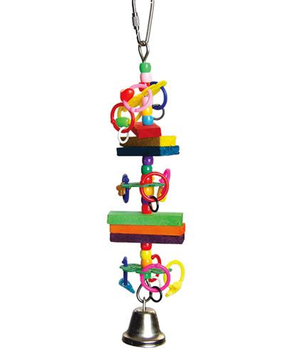 Colorful bird toy with plastic beads, vibrant wood slats, spinning wheels, and a tiny liberty bell for playful pecking.