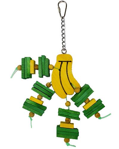 Bright yellow banana-shaped bird toy with chewable wooden blocks and balls, perfect for small to medium birds to enjoy.