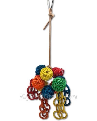Colorful Happy Beaks medium vine foraging balls bird toy with vibrant vine balls and ringlet chains for small birds to chew.