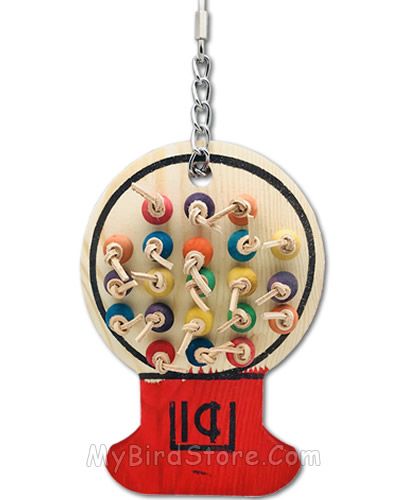 Vibrant Happy Beaks gumball machine bird toy with colorful wood beads and leather knots for engaging playtime fun.