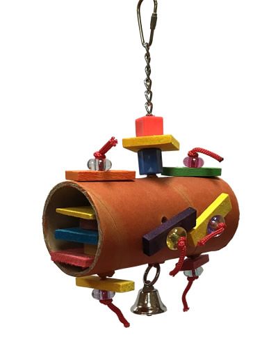Colorful Happy Beaks Foraging Tube bird toy with shreddable cardboard and hidden wood pieces for small to medium birds.