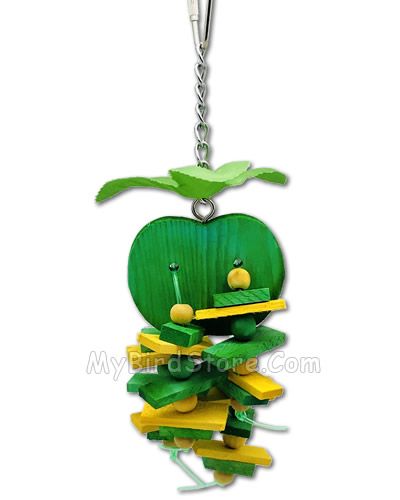 Vibrant apple-shaped bird toy with colorful wooden blocks and balls, perfect for small to medium birds to chew and play.
