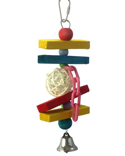 Colorful Mini Balsa Munch bird toy with balsa wood, plastic beads, a vine ball, dangling chains, and a liberty bell at the base.