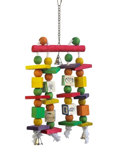 Colorful Happy Beaks ABC's & 123's bird toy with wooden shapes, cotton rope, chains, and bells for engaging play.
