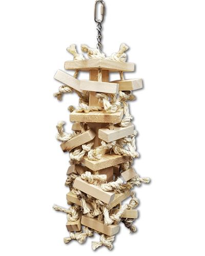 Colorful wooden blocks in various shapes and sizes, tied with cotton and sisal rope knots, hanging on a sturdy chain for birds.