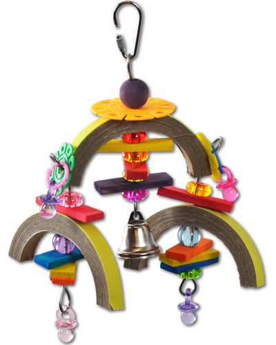 Colorful Happy Beaks Baby Carousel bird toy with vibrant bagels, wood slices, beads, a bell, and dangling binkies for playful birds.