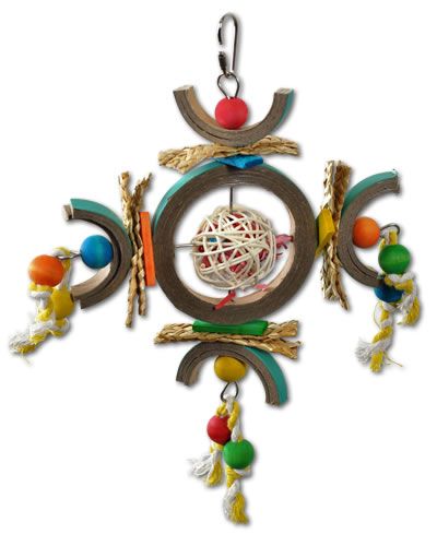 Vibrant Happy Beaks Atomic Dream Catcher bird toy with a wicker ball, colorful beads, cotton rope, and playful bagels.