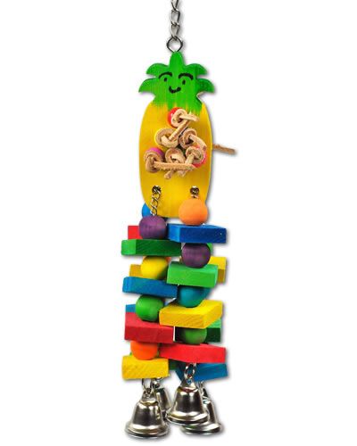 Vibrant Happy Beaks pineapple bird toy with colorful wooden pineapple, plastic beads, and dangling wood pieces on chains.