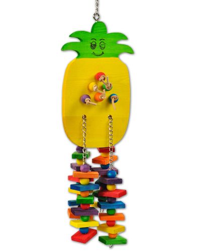 Colorful Happy Beaks Pineapple Bird Toy with a 10-inch wooden pineapple, vibrant beads, and leather strips for chewing.