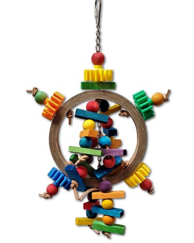 Vibrant Happy Beaks Large Kaleidoscope bird toy with colorful plastic beads, wood blocks, and cotton rope on a bagel base.