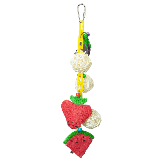 Colorful bird toy featuring vine balls, loofah fruits, and veggies dangling from a sturdy plastic chain for playful foraging.