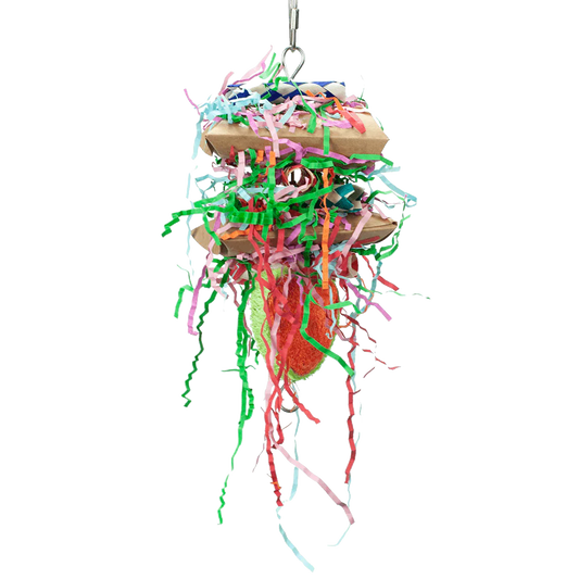 Colorful Happy Beaks Lots of Love bird toy with crinkle paper, kraft boxes, finger traps, and a loofah base for foraging fun.