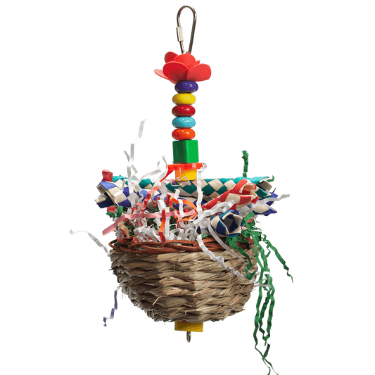 Colorful Happy Beaks Love Nest toy with a wicker basket, crinkle paper, beads, and a foam flower for foraging fun.
