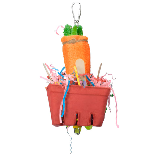 Colorful Happy Beaks Veggie Basket toy packed with loofah, crinkle paper, and wood, perfect for conures and cockatiels to explore.