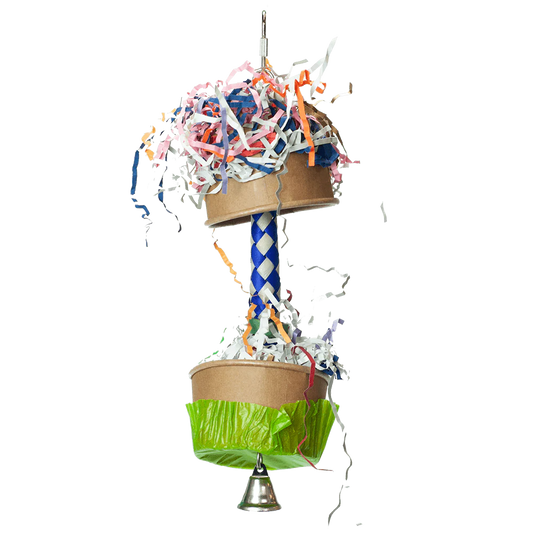 Colorful Happy Beaks Foraging Cupcake toy with crinkle paper and a finger trap, perfect for conures and cockatiels to explore.