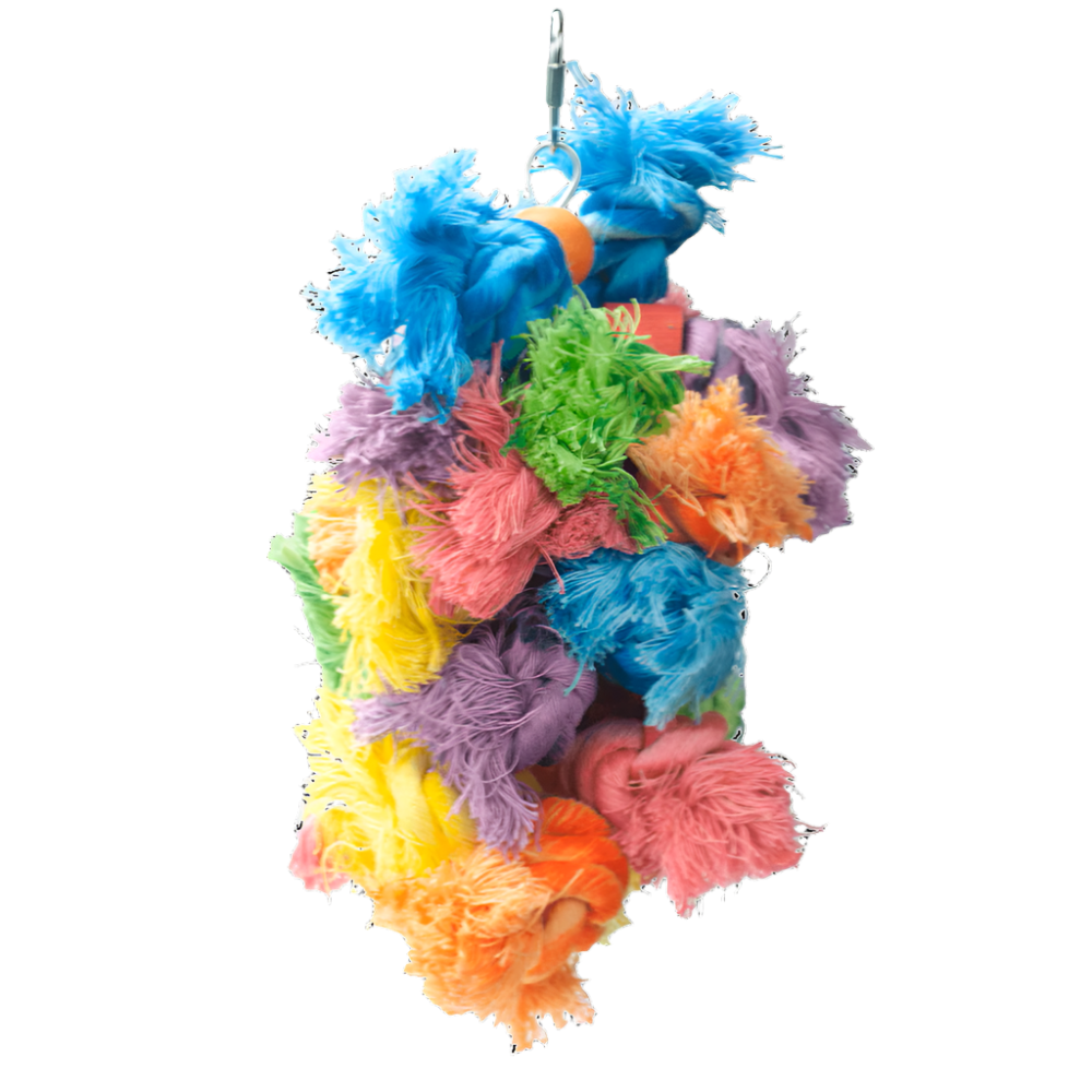 Vibrant Woolly Monster Medium Bird Toy with colorful knotted cotton ropes and wooden blocks, perfect for medium birds.