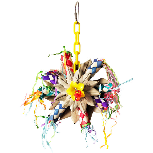 Colorful Happy Beaks Pinwheel toy for birds, featuring shreddable finger traps and palm daisies, ideal for small to medium pets.