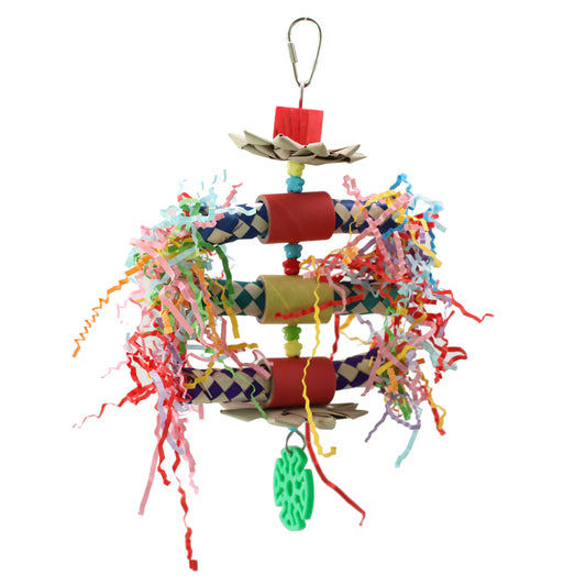 Colorful Happy Beaks Jumping Jack bird toy with shreddable finger traps and bagels between palm daisies, perfect for foraging fun.