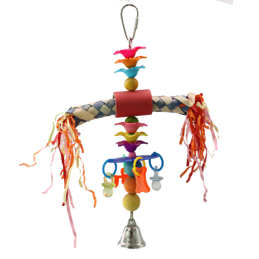 Colorful Happy Beaks Totem Pole bird toy with a shreddable design, featuring a stuffed finger trap inside a bagel tube.