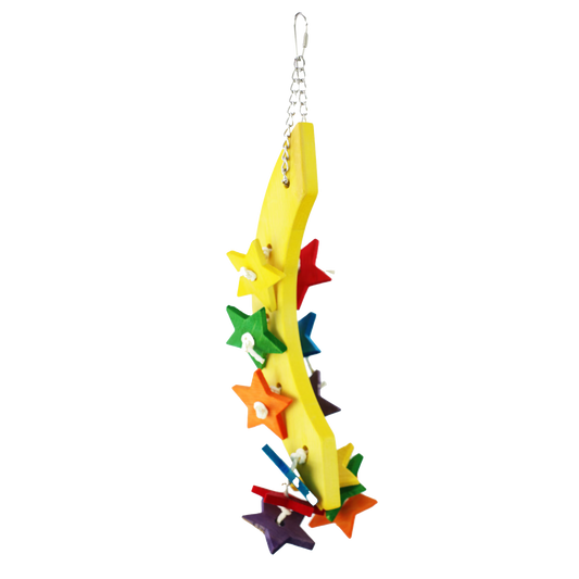 Vibrant wooden moon and stars bird toy from Happy Beaks, featuring chewable shapes on a sisal rope, perfect for medium birds.
