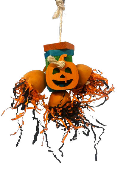 Colorful Happy Beaks Shredded Pumpkin toy with wooden blocks, crinkle-filled cups, and sisal rope for playful birds.