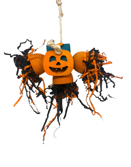 Hanging Halloween decoration with a jack-o'-lantern design on a black background