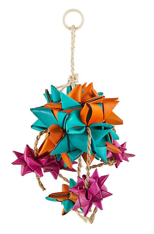 Vibrant Happy Beaks Starburst bird toy with colorful palm stars linked by natural string to a large central star.